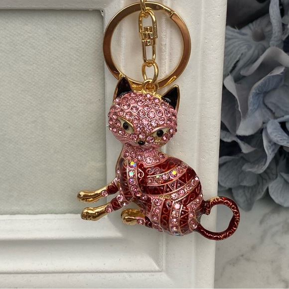 Pink Striped Crystal Egyptian Tabby Cat Keychain Charm - Picture 2 of 16